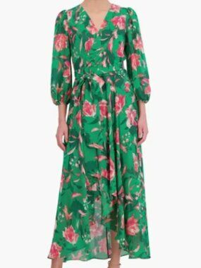 Eliza J Floral Midi Dress | Faux Wrap Wedding Guest Easter Spring Dress Size 10